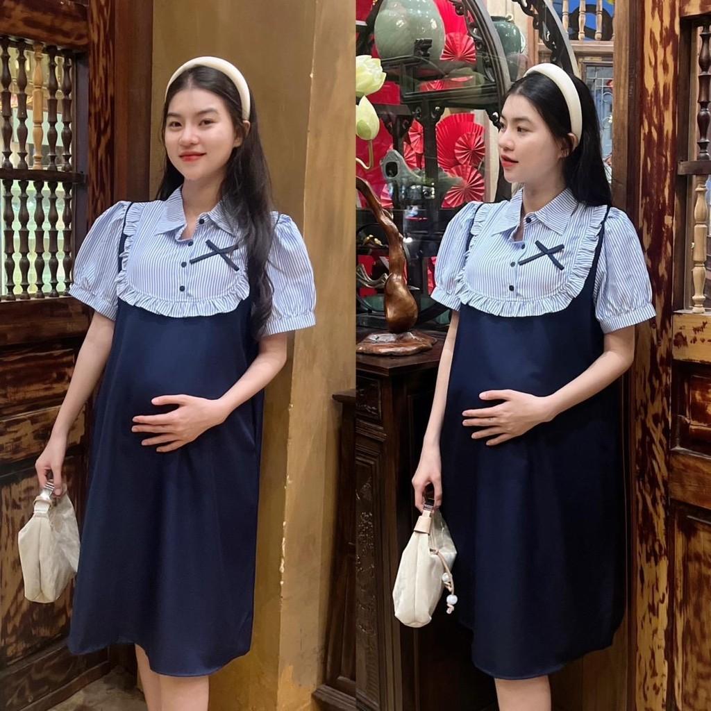 Đầm bầu giả yếm sọc sơ mi cotton hàn phom suông trẻ trung, năng động Váy Bầu Voi - Xanh đen