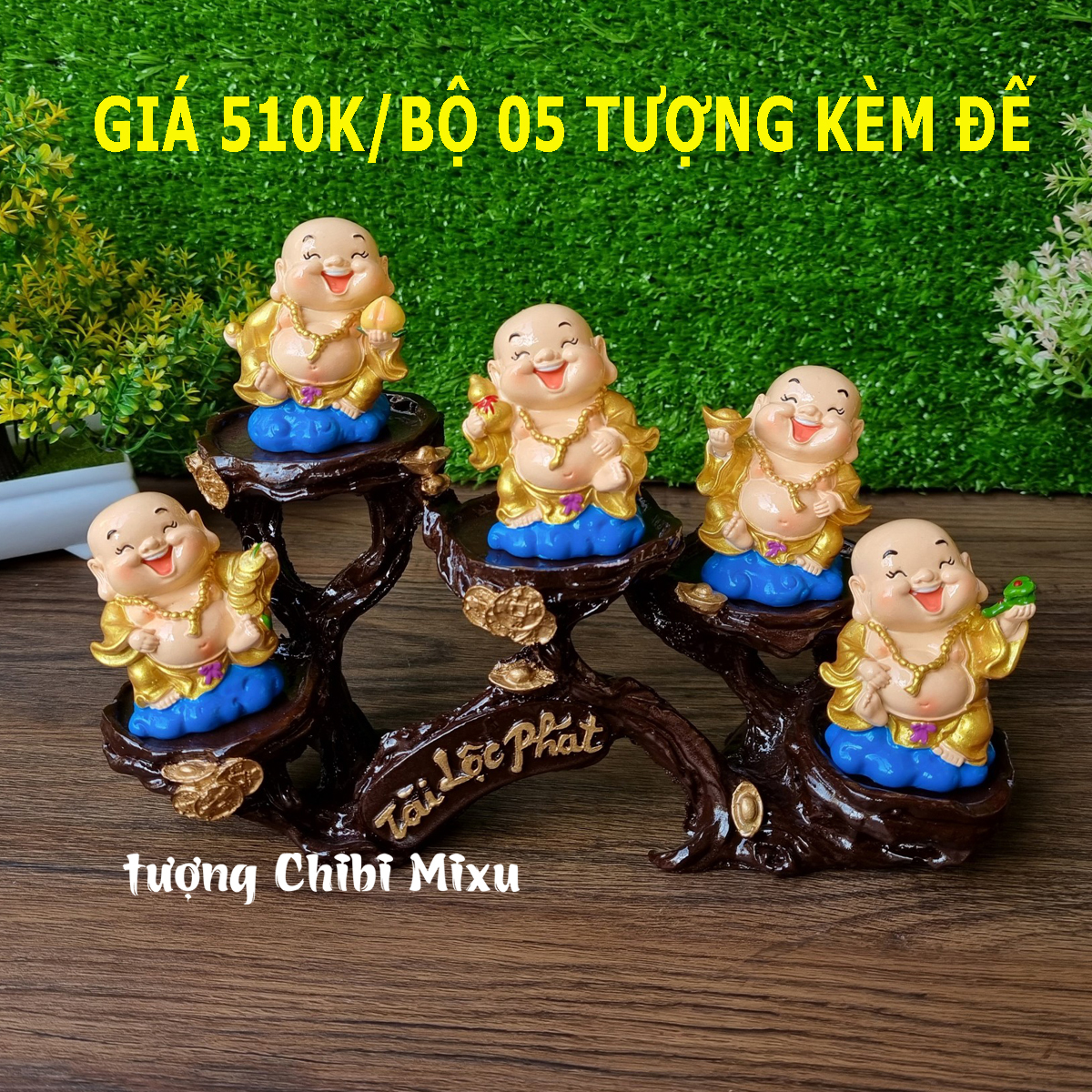 Bộ 05 tượng Di Lặc 7cm nhũ vàng kèm chân đế Tài Lộc Phát