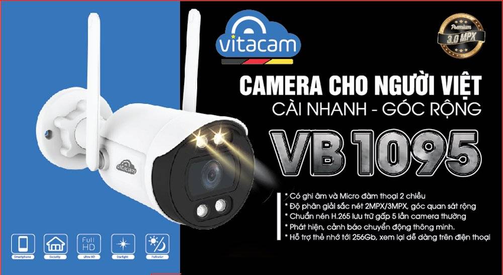 CAMERA NGOÀI TRỜI IP VITACAM VB1090 - 3MPX ULTRA HD 1080 - ĐÈN STARTLIGHT QUAN SÁT MÀU NGÀY ĐÊM,KÈM THẺ NHỚ 32G ,HÀNG CHÍNH HÃNG