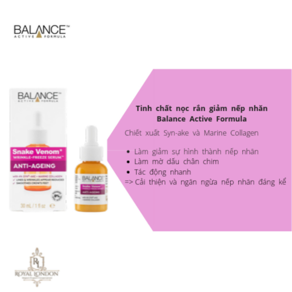 Combo Serum Chống Lão Hóa Nọc Rắn Balance Active Formula Snake Venom 30ml + kem mắt noc rắn giảm nếp nhăn, quầng thâm Balance Active Formula Snake Venom 15ml, hàng chính hãng