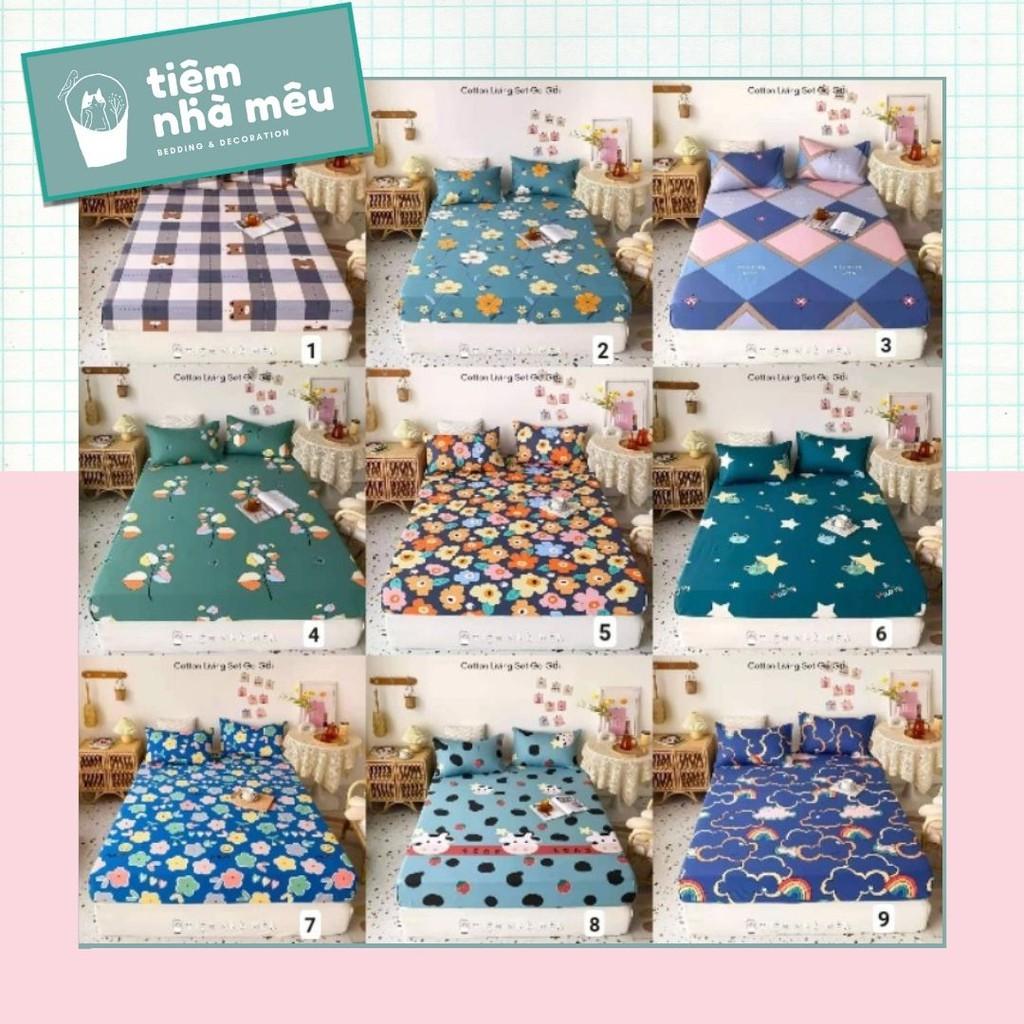 Bộ Ga Gối Cotton Lụa 5D m6/m8/2m - Nhiều Mẫu Tiệm Nhà Mêu Set 3 Món Ga + 2 Vỏ Gối Cotton 100% Siêu Mềm Mịn