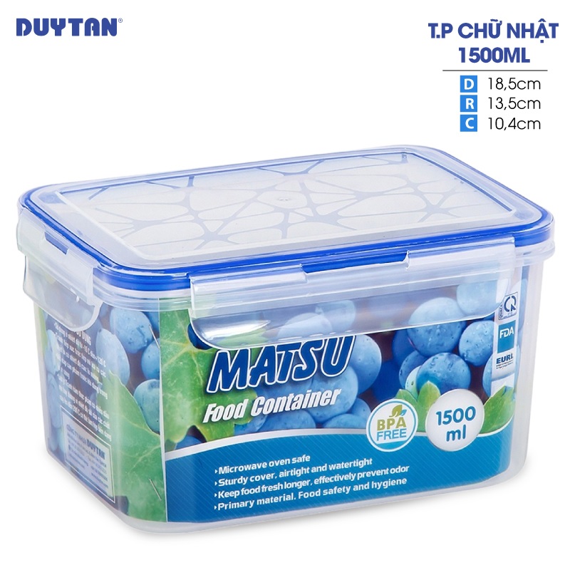 Hộp đựng thực phẩm chữ nhật nhựa Duy Tân Matsu 1500ml (18.5 x 13.5 x 10.5 cm) - 03208 - Hàng chính hãng