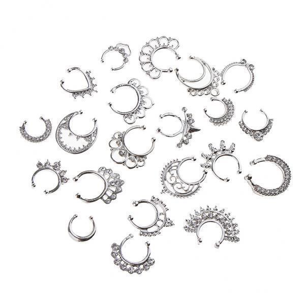 2x21 Pieces Crystal Fake Septum Clicker Nose Ring Non-piercing Silver