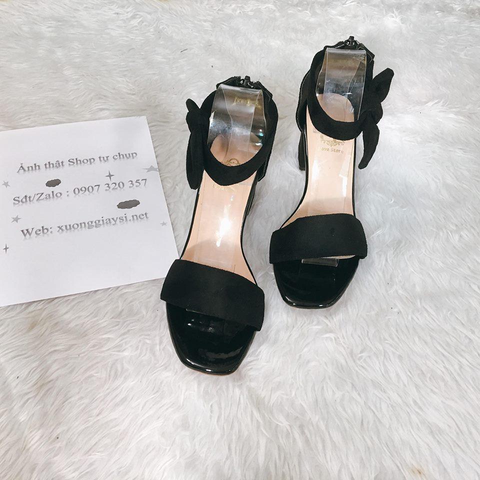 Giày sandal cao gót vuông 5cm quai ngang cổ nơ vải to