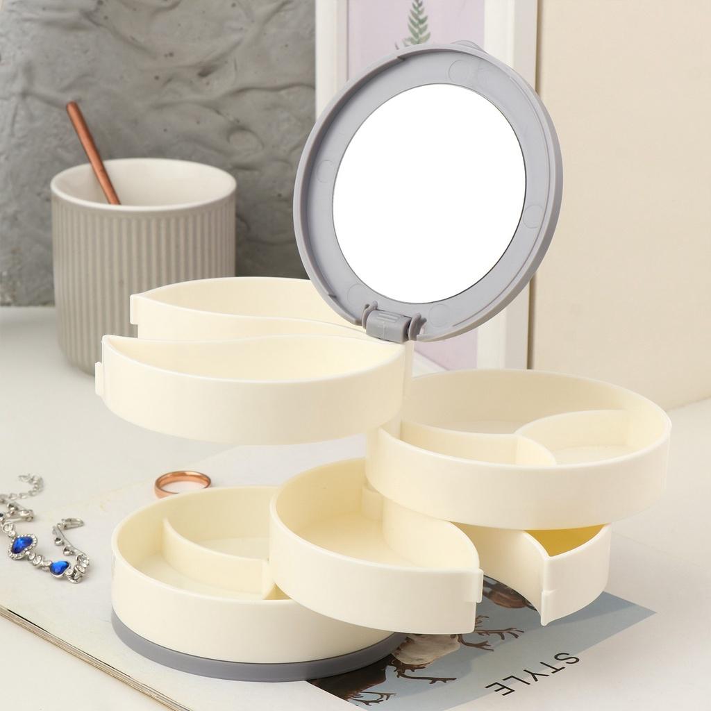 Hộp tròn đựng đồ trang sức mỹ phẩm xoay 4 tầng có gương