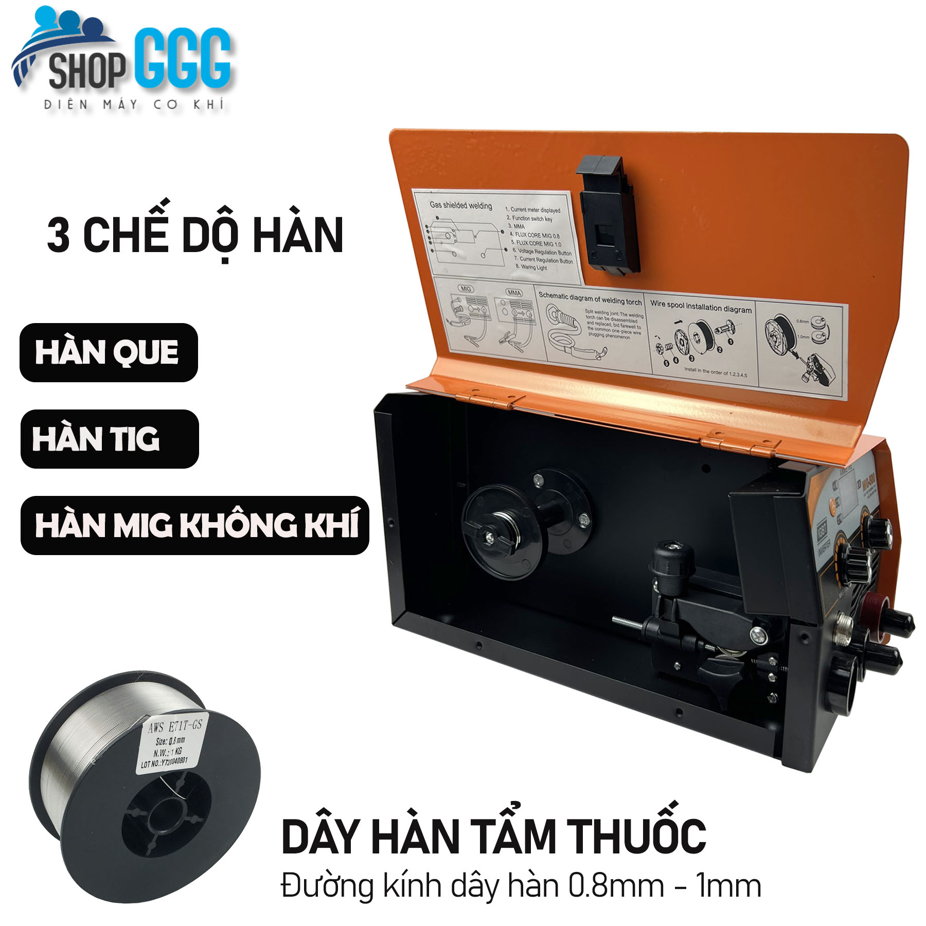 Máy Hàn MIG Không Dùng Khí SKYTOOL MIG500 - Máy hàn điện tử 2 chức năng: Hàn que - Hàn MiG không khí | Đủ bộ dây hàn, kẹp mass, dây tig | Tặng cuộn dây hàn không khí 0.8mm - 1kg, găng tay