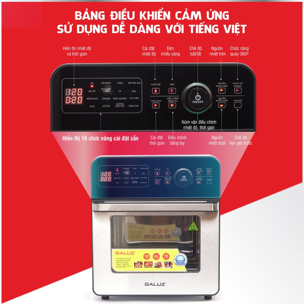 Nồi chiên không dầu GALUZ GLA 1518, dung tích 15L, công suất 1800W, vỏ ngoài bằng inox 304, bộ phụ kiện đa dạng lồng chiên, xiên quay gà, vỉ nướng, hàng chính hãng