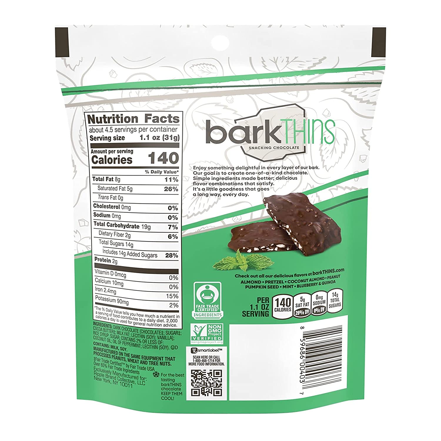 SOCOLA ĐEN - BẠC HÀ barkTHINS Dark Chocolate Mint Snacking Chocolate, Fair Trade, Non GMO, 133g (4.7 oz)