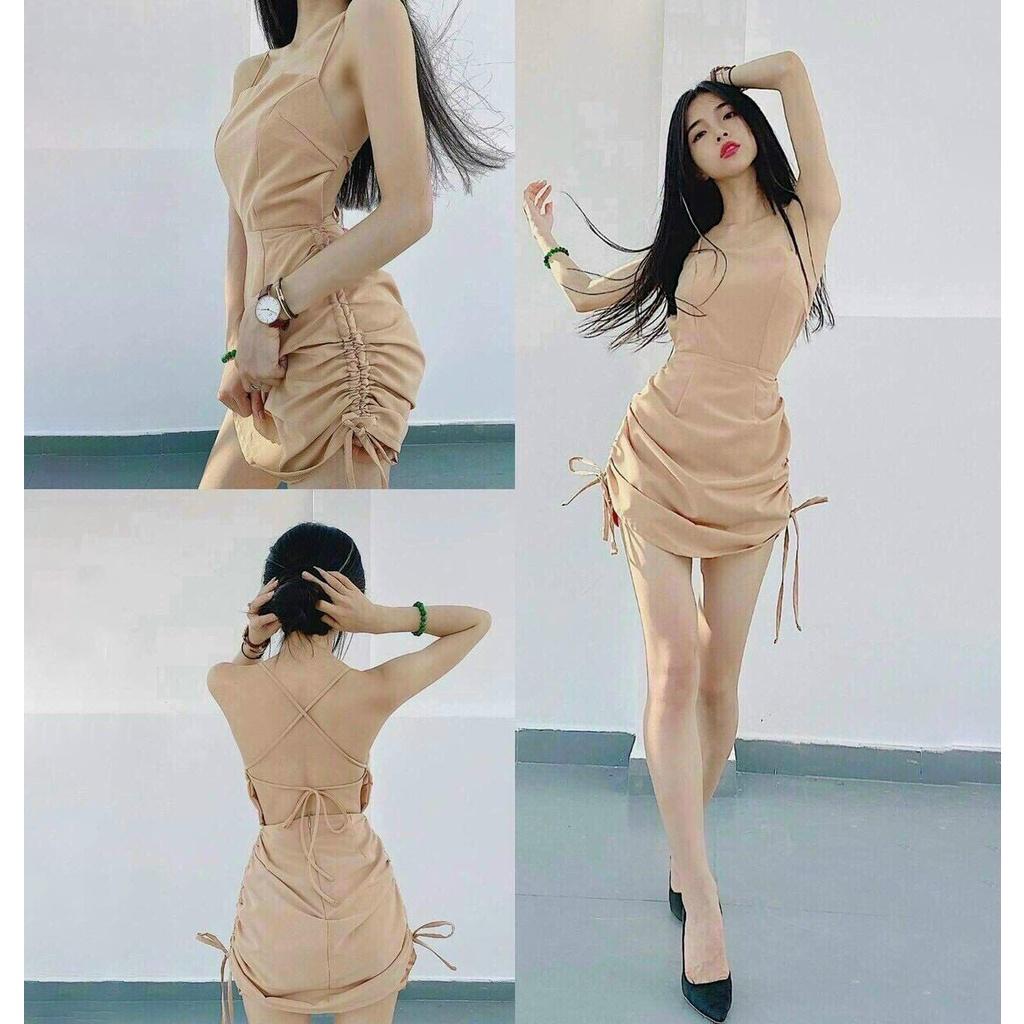Đầm Body Hai Dây Hở Lưng Rút Dây Hông
