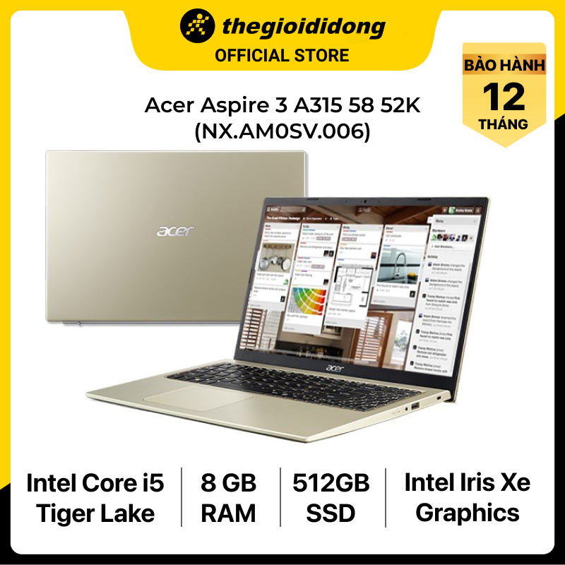 Laptop Acer Aspire 3 A315 58 52KT i5 1135G7/8GB/512GB/15.6&quot;F/Win11/(NX.AM0SV.006)/Vàng - Hàng chính hãng