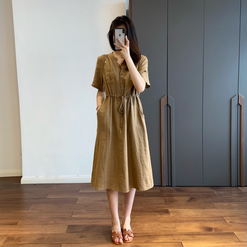Đầm suông nữ dáng dài phong cách vintage, Đầm thiết kế cổ V 2 túi ngực