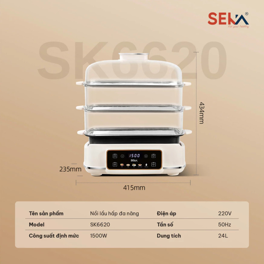 (HOT NEW) Nồi Lẩu Hấp 4 Tầng 24L SEKA SK6620 - 1500W Đa Năng 4 in 1 Hấp, Lẩu, Khử Trùng, Tiệt Trùng - Hàng Chính Hãng Bảo Hành 2 Năm