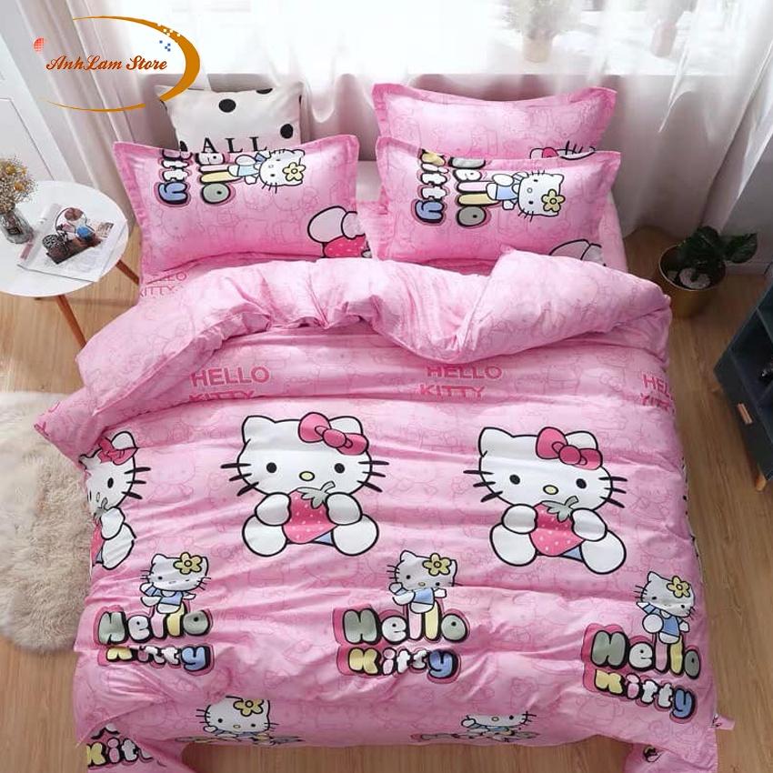 [Miễn phí bo chun ga] Bộ Chăn Ga Gối Cotton PL KITTY HỒNG , Set 4 Món Gồm Vỏ Chăn, Ga Trải Giường, Đôi Vỏ Gối Nằm - Anhlam Store 