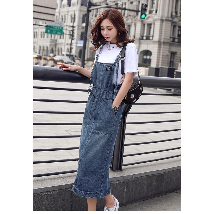 Yếm Váy Jeans Nữ Yurita Chất Bò Phối 2 Túi Trước Kèm Dây Rút Eo Mang Phong Cách Ulzzang Hàn Quốc