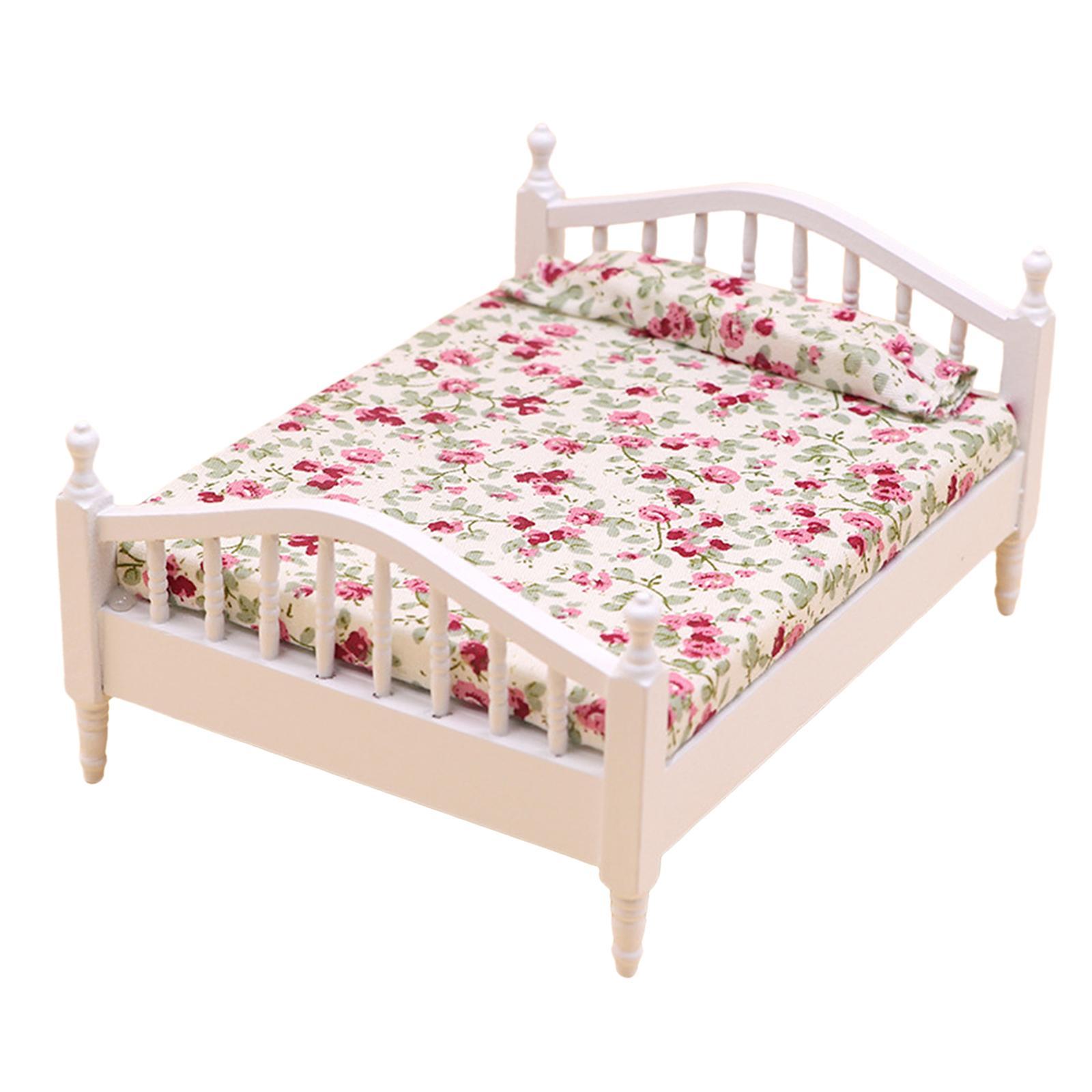 Dollhouse Miniature Bed Single Bed Model DIY Scene Model White and Pink