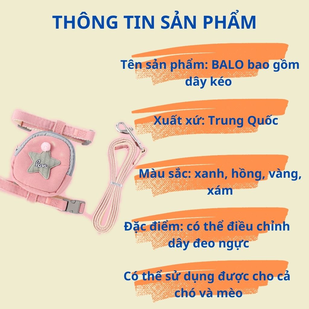 Balo yếm kèm dây dắt dành cho thú cưng, thời trang, có thể điều chỉnh dây