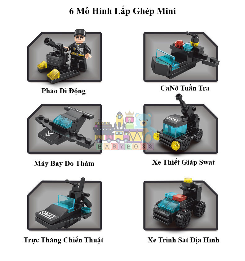 Đồ Chơi Lắp Ráp Cảnh Sát SWAT 123 Mảnh – Xe Đặc Nhiệm, Trực Thăng, Tàu Tuần Tra Cho Bé Trai