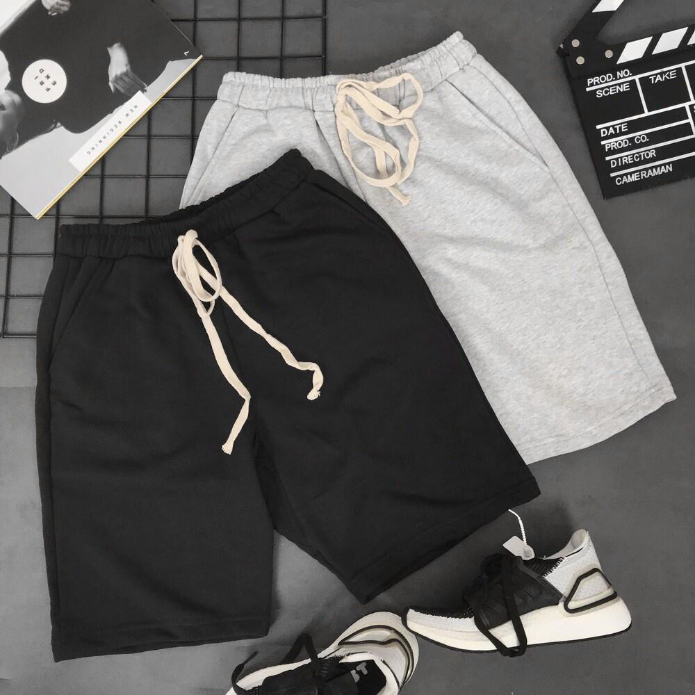 Quần đùi nam nữ trơn vải nỉ da cá lưng thun dây rút, quần short unisex ống rộng basic siêu mát