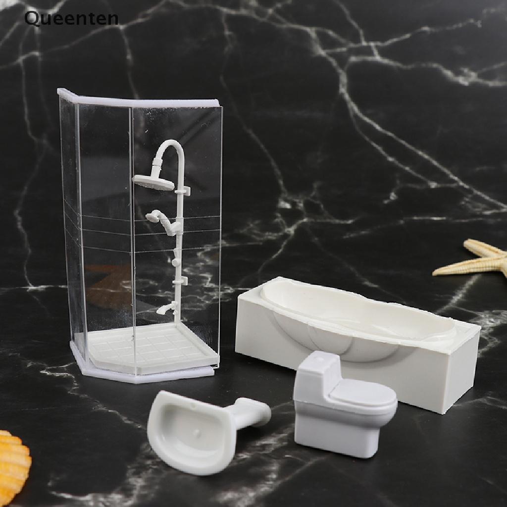 Queenten 1:25 Dollhouse Miniature Bathroom Set Shower Room Toilet Bathtub Sink Model Toy QT