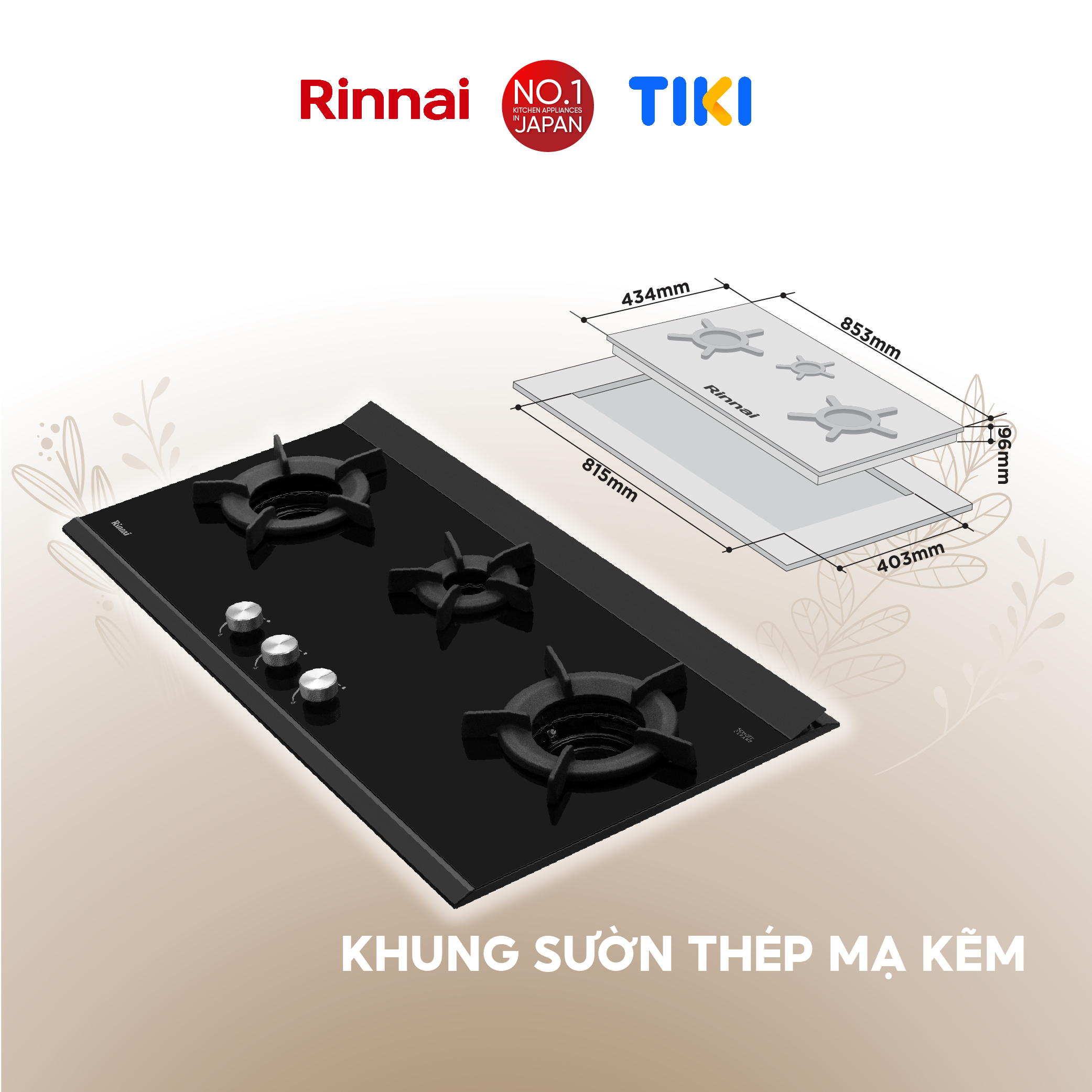 Bếp gas âm đầu đốt trong Rinnai RB-3VCGN mặt bếp kính SCHOTT và kiềng bếp gang - Hàng chính hãng.