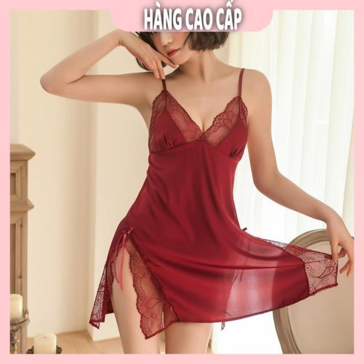 Váy ngủ lụa sexy hai dây ren ngực vạt xẻ tà gợi cảm với màu đỏ quyến rũ *