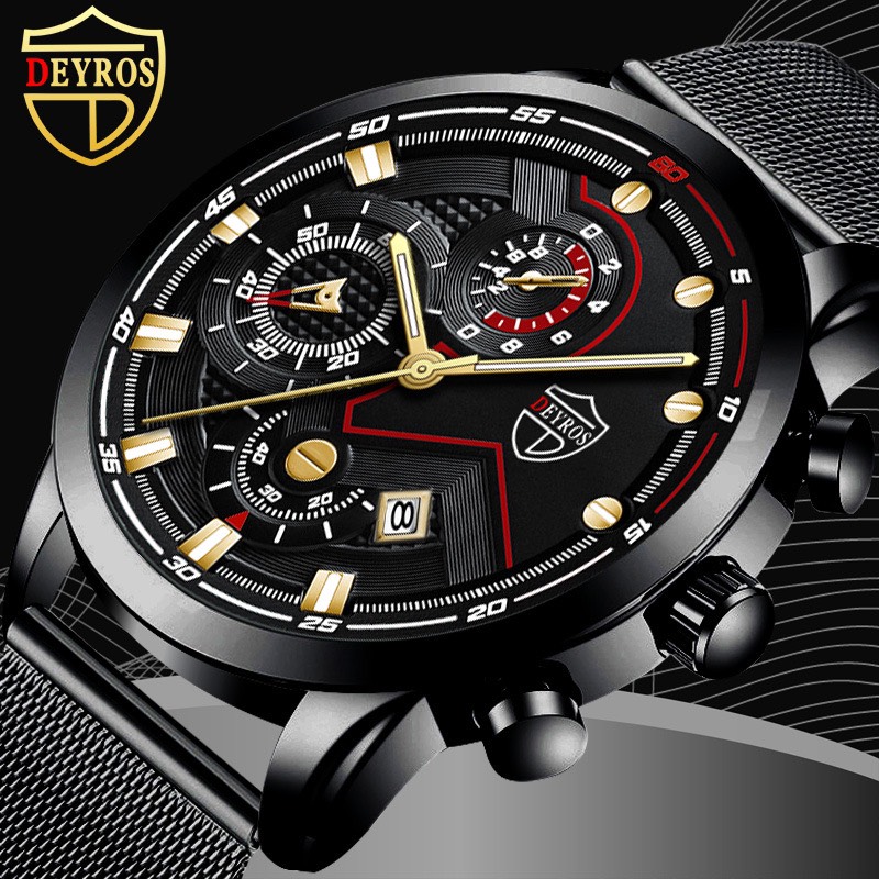 Đồng hồ nam DEYROS thiết kế thể thao dây thép lưới đen chạy lịch ngày cao cấp Sporty Design