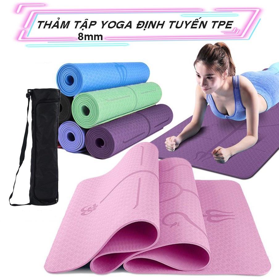 Thảm tập yoga định tuyến, có chia vạch hỗ trợ bài tập hiệu quả, Thảm tập gym TPE chống trơn trượt 2 lớp 6mm, 8mm