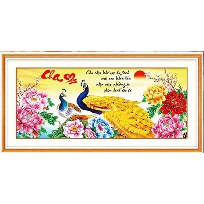 Tranh thêu cha mẹ công vàng hoa mẫu đơn LV3134 - kích thước: 92 * 43cm.