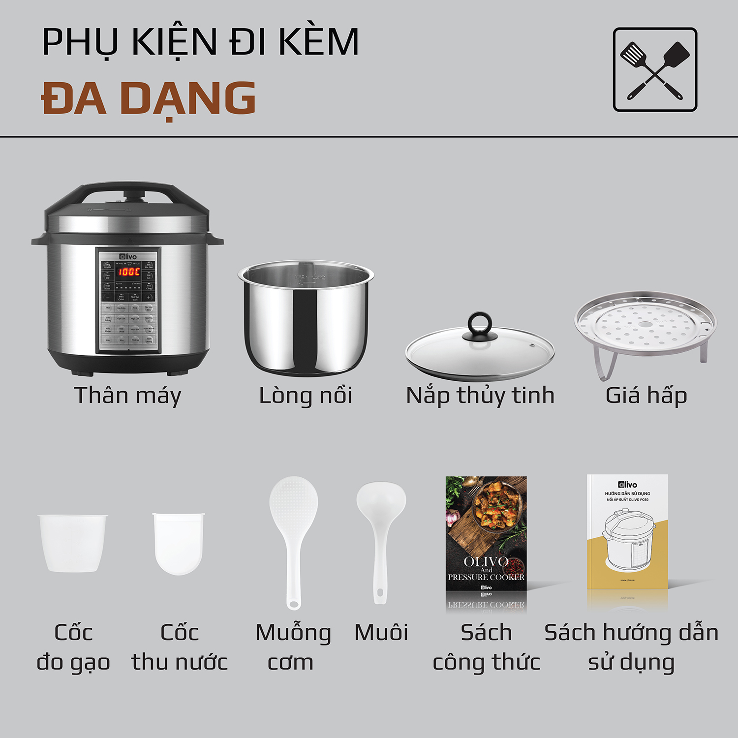 Nồi áp suất điện Olivo PC60 - 16 chức năng - 6 lít - 1.000W - BH 2 năm