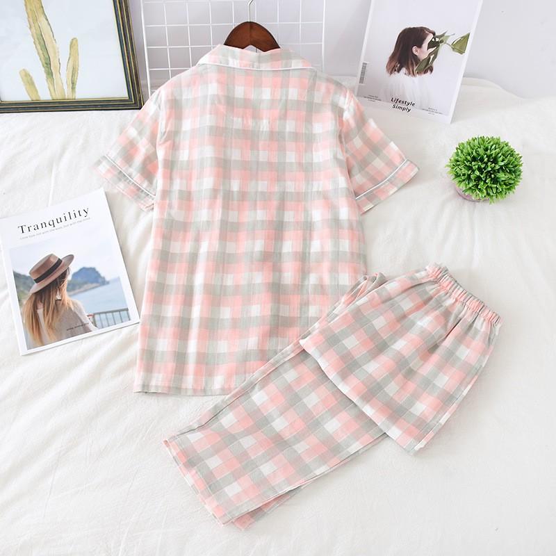 Bộ pyjama nữ vải xô cotton hoạ tiết kẻ caro