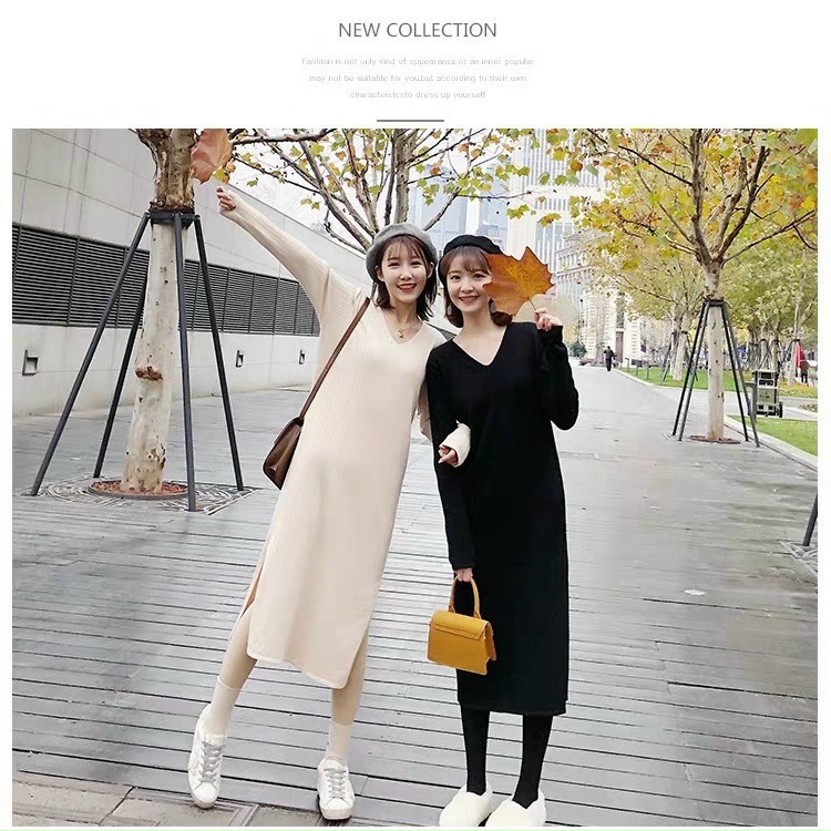 Váy suông nữ, đầm suông dài tay cổ tim xẻ tà chất len gân phong cách hàn quốc