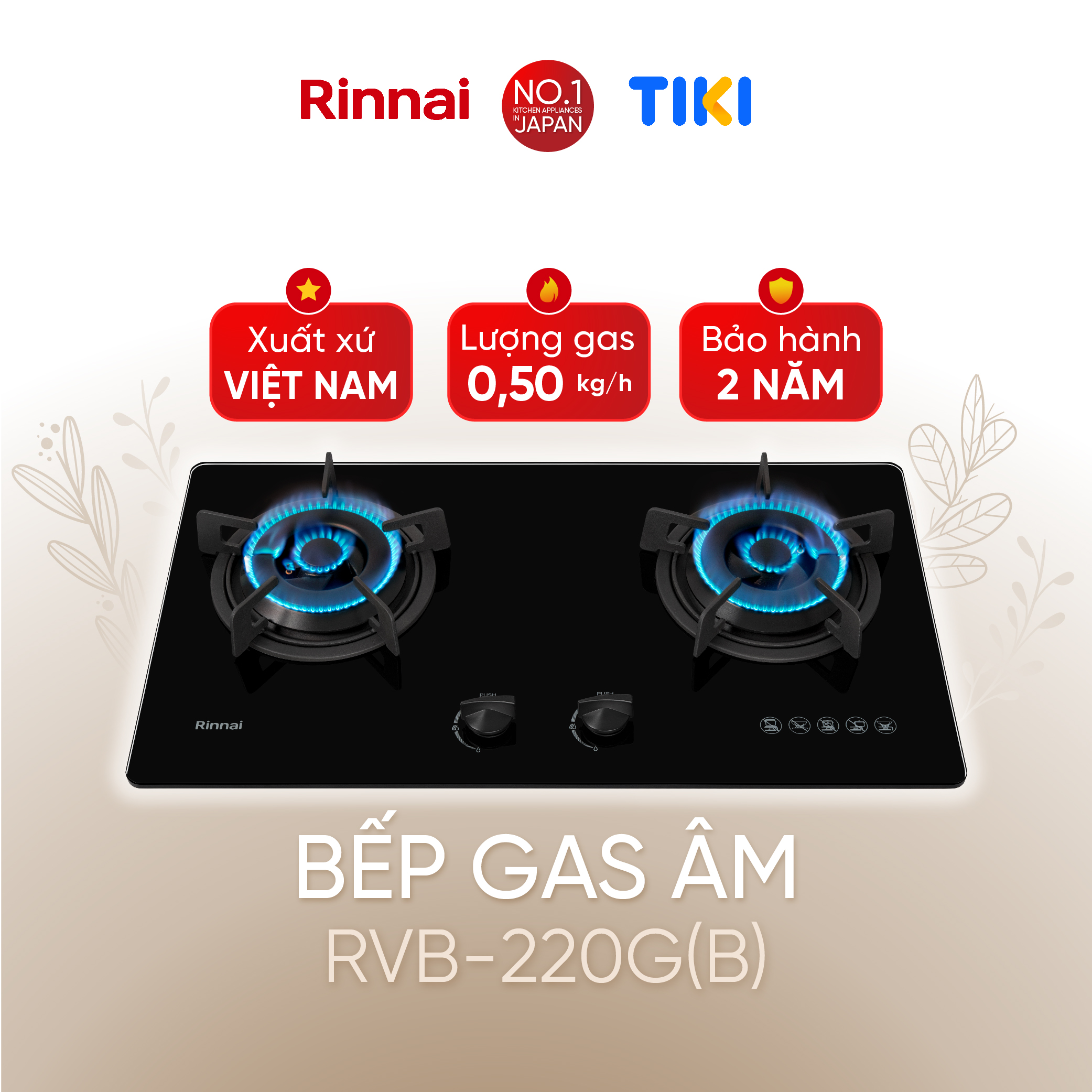 Bếp gas âm Rinnai RVB-220G(B) mặt bếp kính và kiềng bếp gang - Hàng chính hãng.