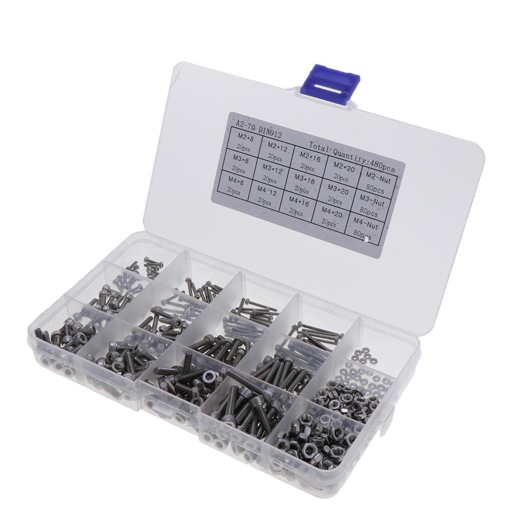 Pack of 480 Hex Screws Nuts Set in 15 Grids Plastic Case Stainless Steel