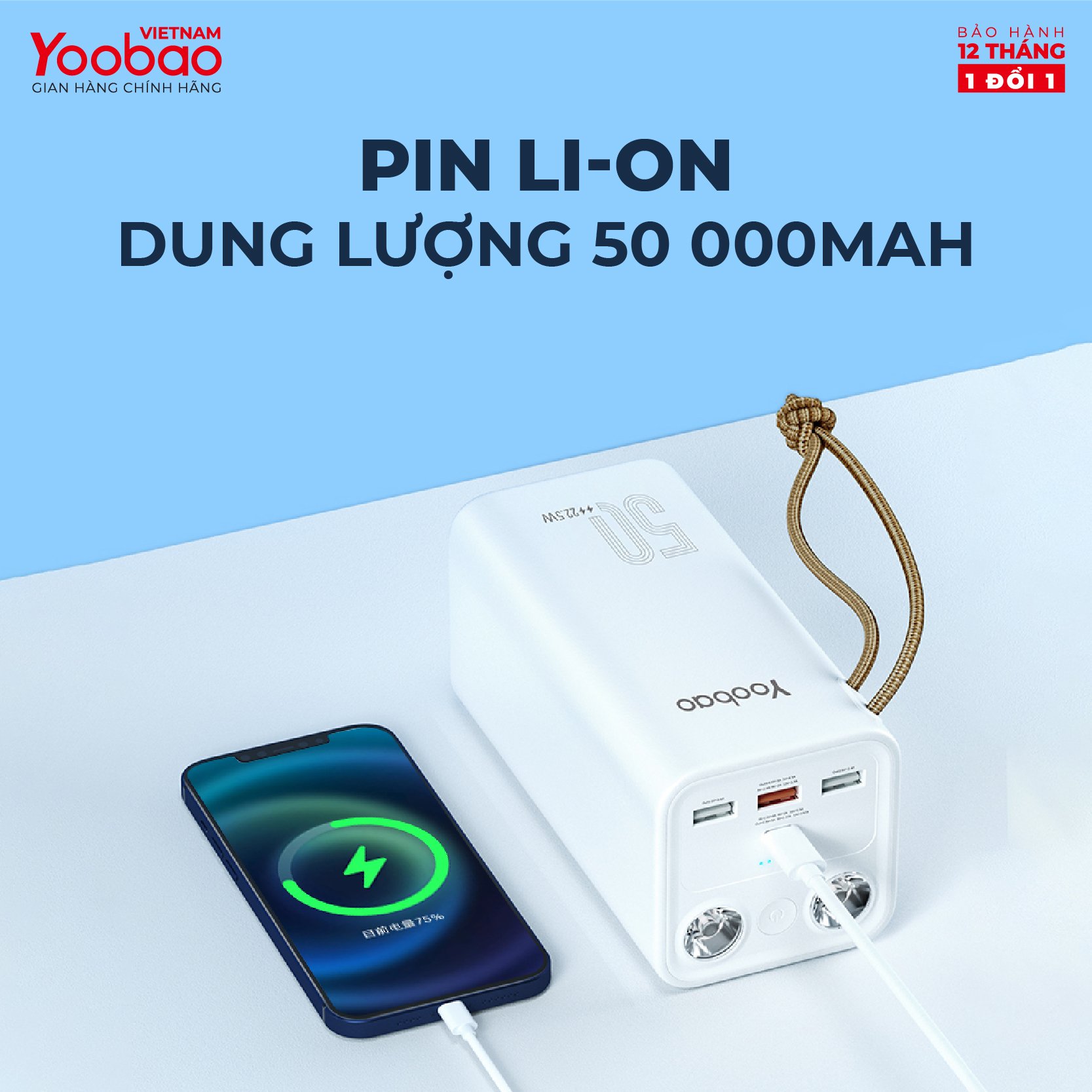 Pin sạc dự phòng YOOBAO H5 dung lượng 50000 mAh, tích hợp đèn pin siêu sáng, hỗ trợ các giao thức sạc nhanh Hàng chính hãng - BH12T