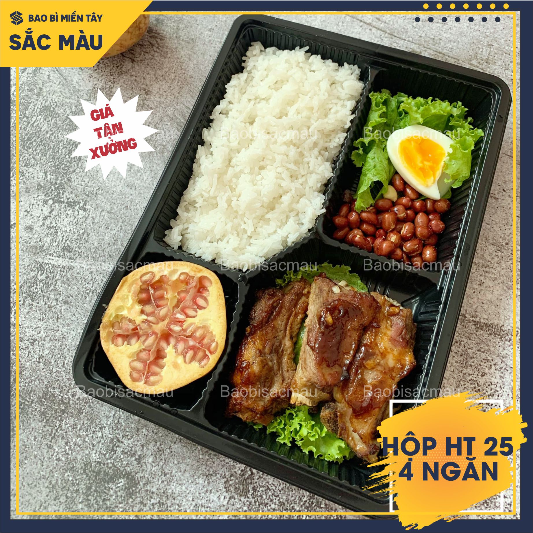 Sét 20 Hộp nhựa đế đen, nắp trong HT25 4 ngăn đựng cơm, đựng thức ăn, thực phẩm...