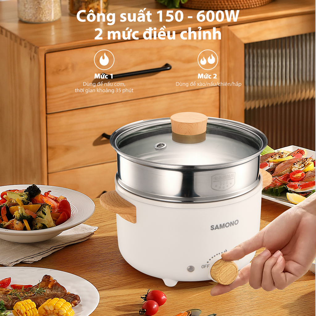 Nồi điện đa năng SAMONO SW-DG01S Dung tích tổng 4 lít Lớp chống dính ceramic kim cương Công suất 150 -600 W Xửng hấp inox HÀNG CHÍNH HÃNG