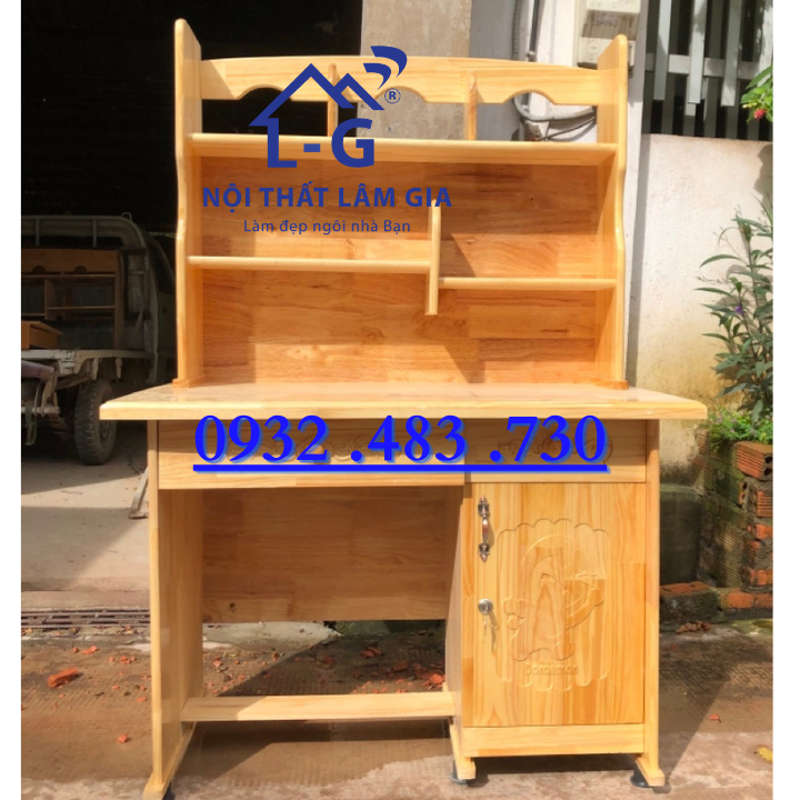 Bàn hoc hoc sinh gỗ thông ghép liền kệ rộng 1m2 cao 1m45 sâu 50cm