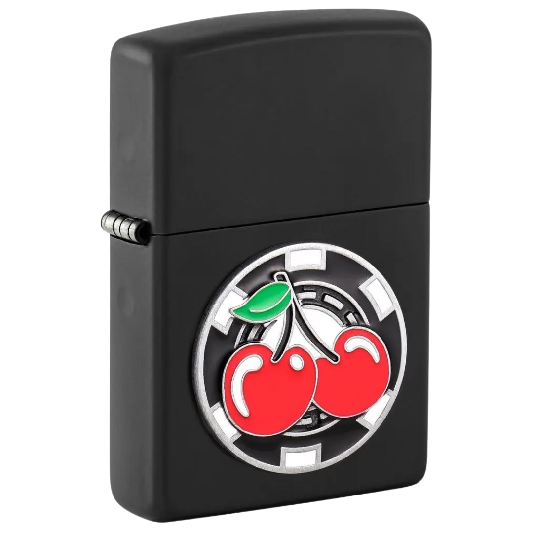 Bật Lửa Zippo Chính Hãng Mỹ Poker Chip Cherries – Biểu Tượng May Mắn Ốp Nổi, Vỏ Đen Nhám Black Matte Chống Gió