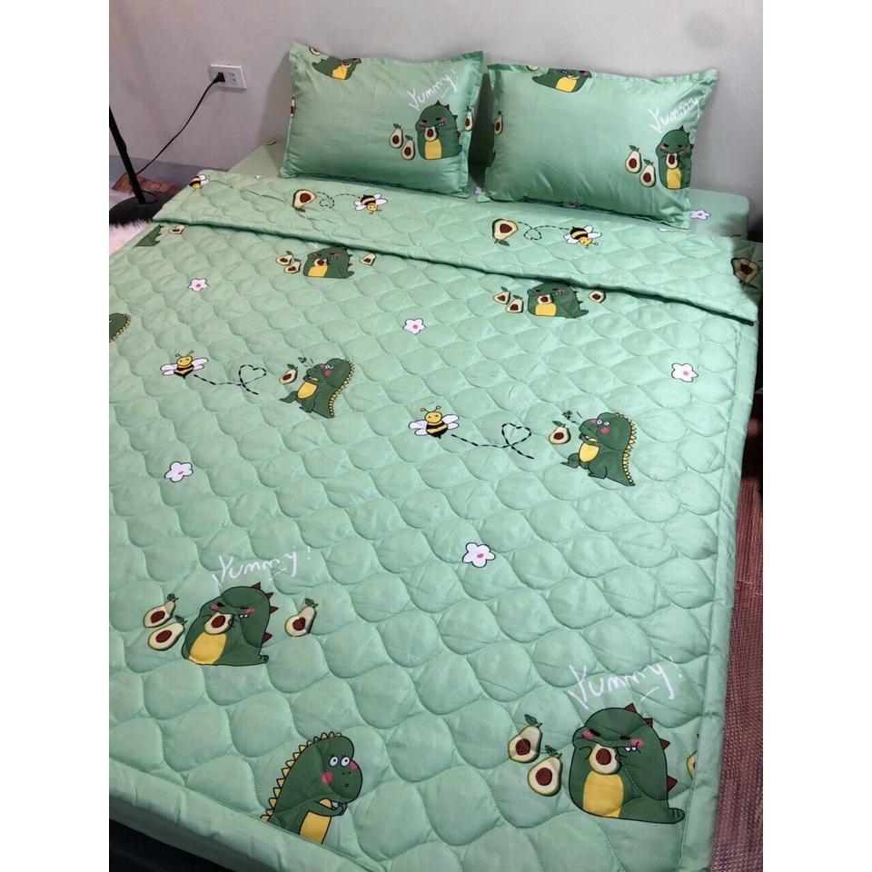 Bộ ga gối cotton giá rẻ 180x200x10cm màu xanh họa tiết khủng long nhỏ
