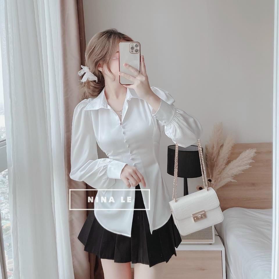 Siêu phẩm áo sơ mi nữ tay dài phồng phối nơ lưng cao cấp, sang chảnh thời trang nữ phù hợp cho quý cô công sở
