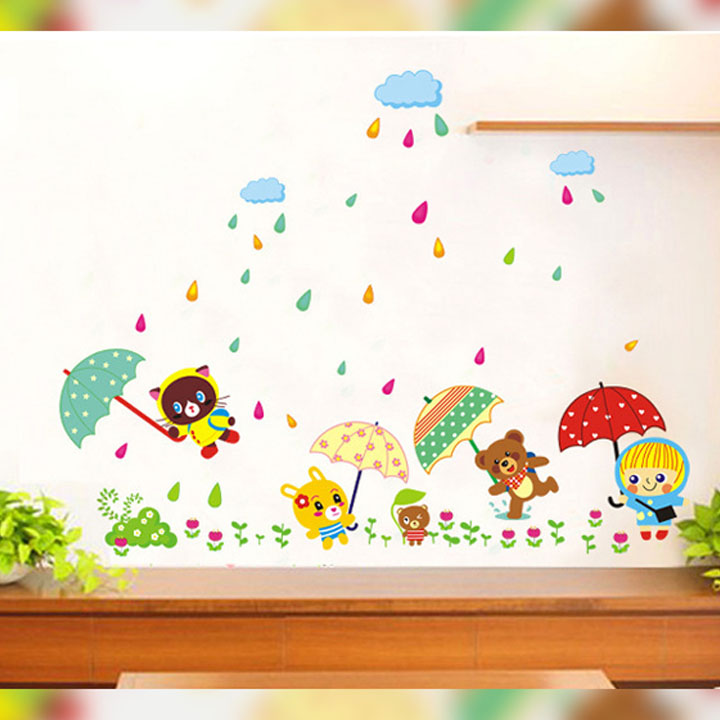 Decal dán tường chất liệu PVC loại 1 dày dặn, sắc nét, trang trí lớp mầm non, phòng học cho bé- Gấu che ô- mã sp AY1931
