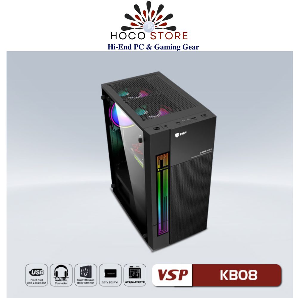 Vỏ Case máy tính VSP - Esport Gaming KB08 - Mặt Trước LED RGB, Nắp Hông Kính Cường Lực - Hàng Chính Hãng