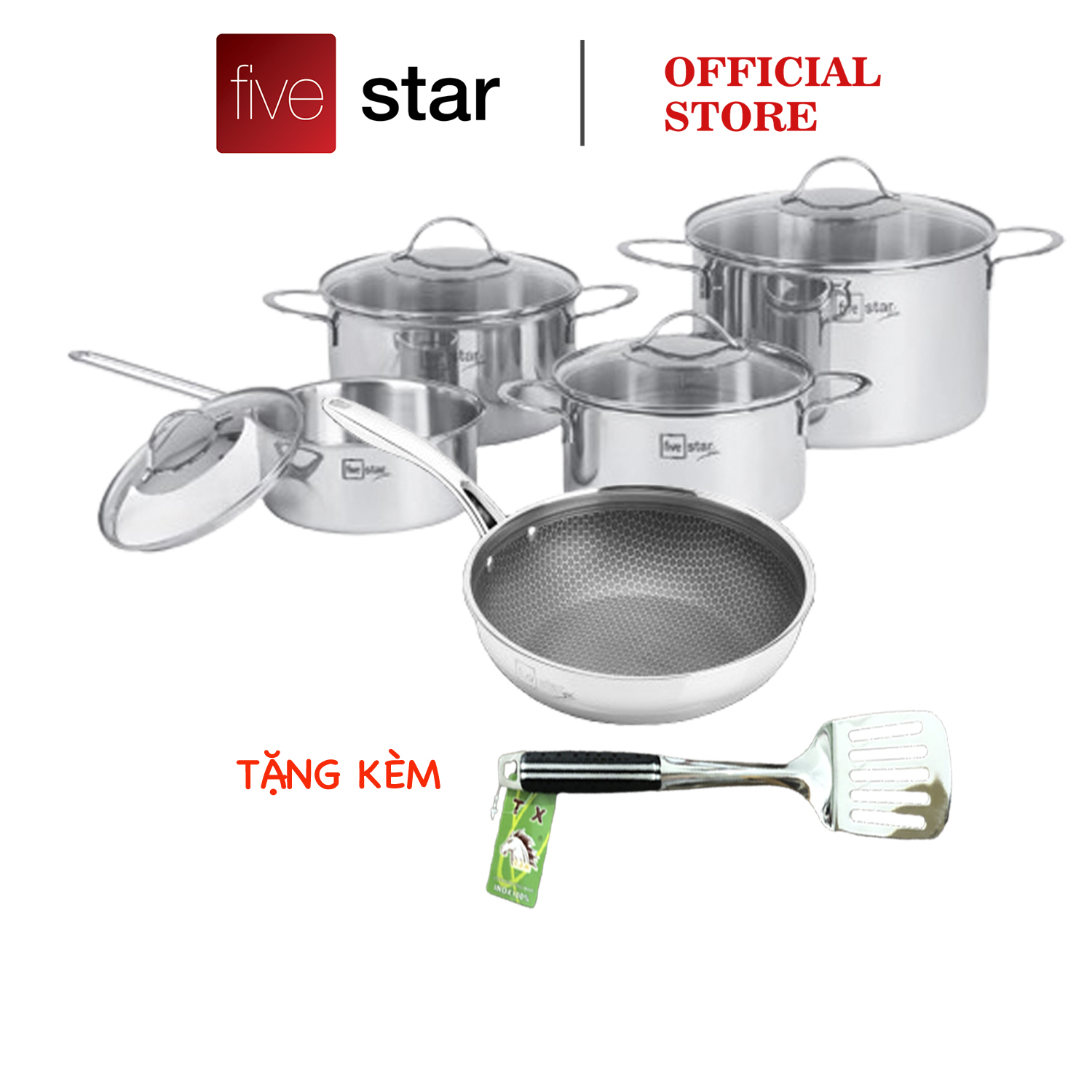 Bộ nồi chảo chống dính sâu lòng tổ ong 3 lớp đáy liền inox 304 Fivestar Plus quai oval nắp kính , tặng 1 sạn inox