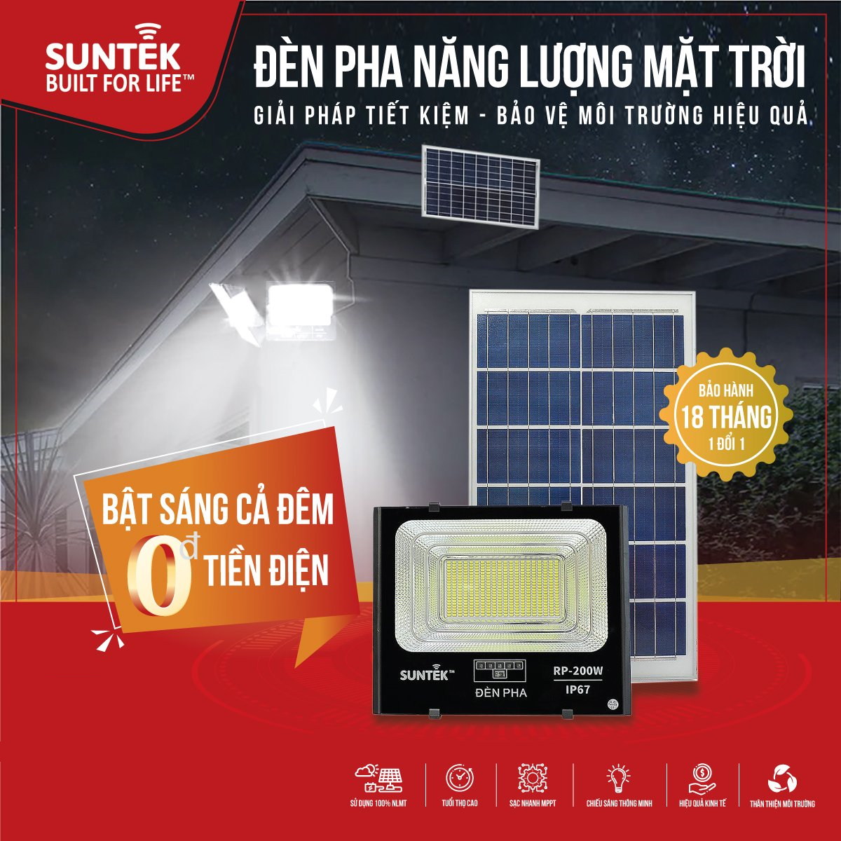 Đèn Pha Năng Lượng Mặt Trời SUNTEK RP-200W - Sáng suốt đêm (10-12h) | Tự động Bật/Tắt | Điều khiển Từ Xa | Chống Nước/Bụi/Sét | Tuổi thọ bóng LED 50.000 giờ - Hàng Chính Hãng - Bảo hành 18 tháng 1 đổi 1