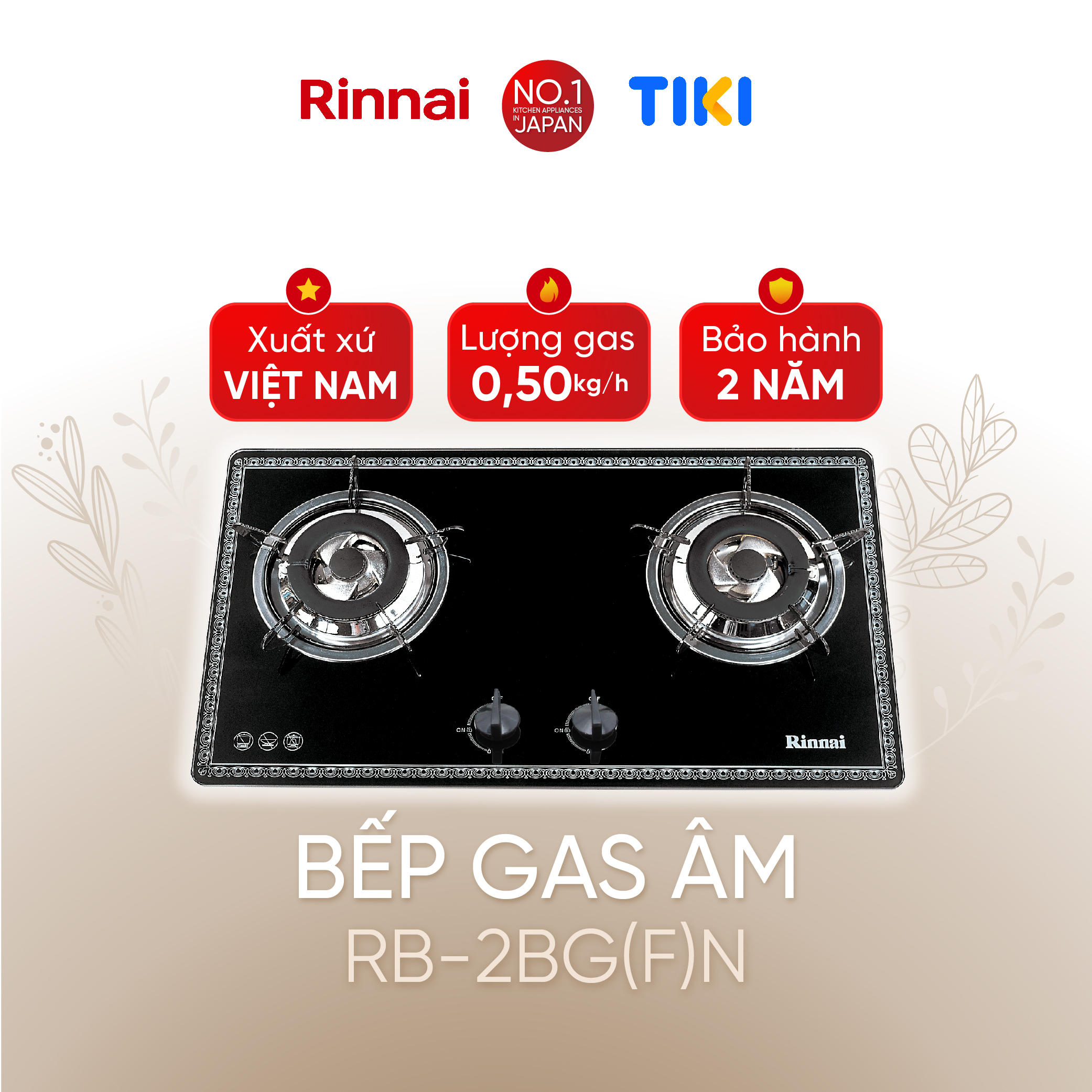 Bếp gas âm Rinnai RVB-2BG(F)N mặt bếp kính và kiềng bếp men - Hàng chính hãng.