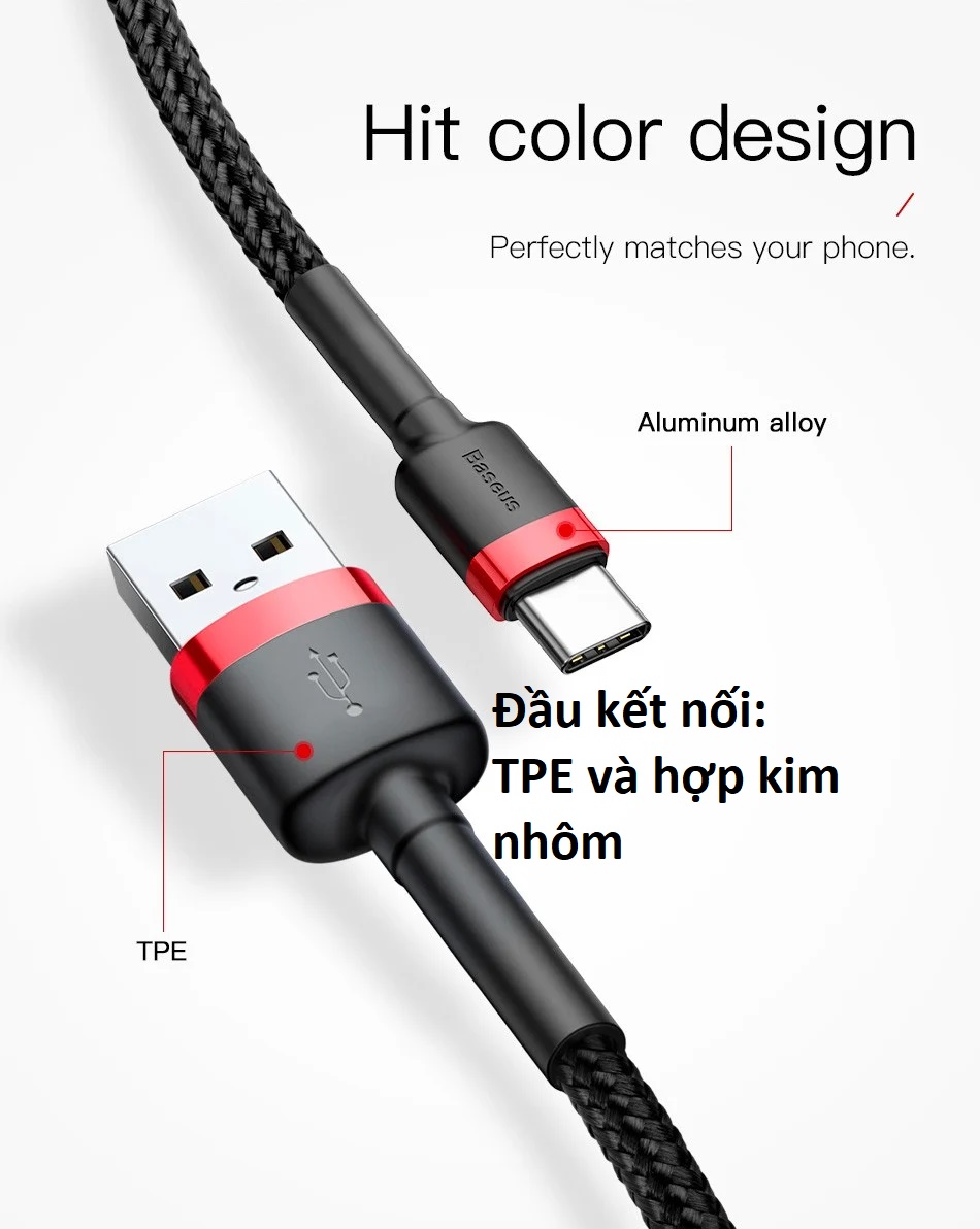 Cáp sạc type-C dòng 3A hỗ trợ QC3.0 Baseus Cafule - Màu ngẫu nhiên _Hàng chính hãng