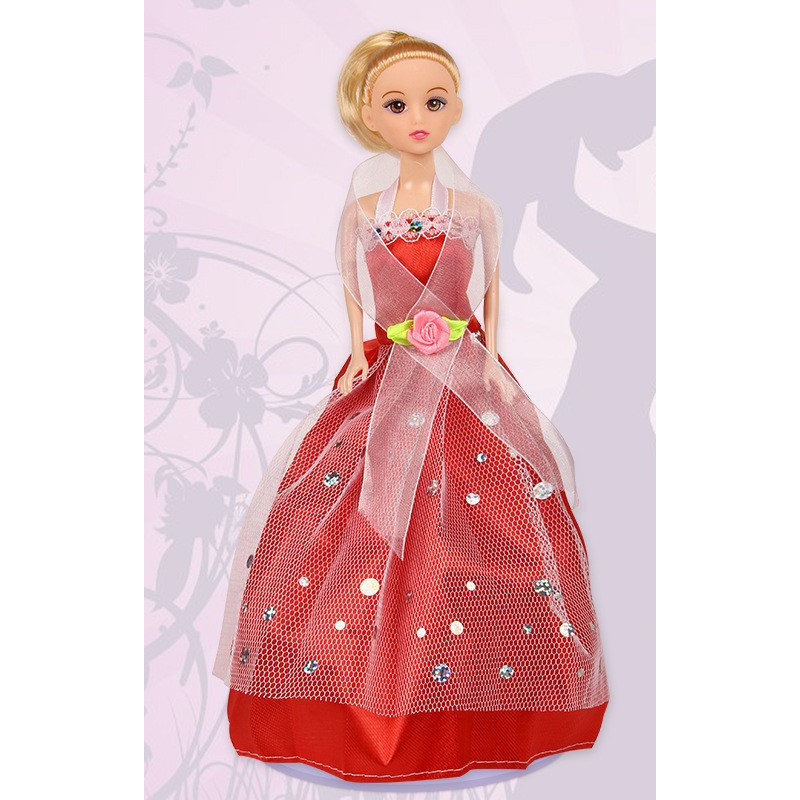 Búp bê Công chúa mặc váy xòe vải lưới đính đá hoa hồng xinh xắn, nhiều màu lựa chọn