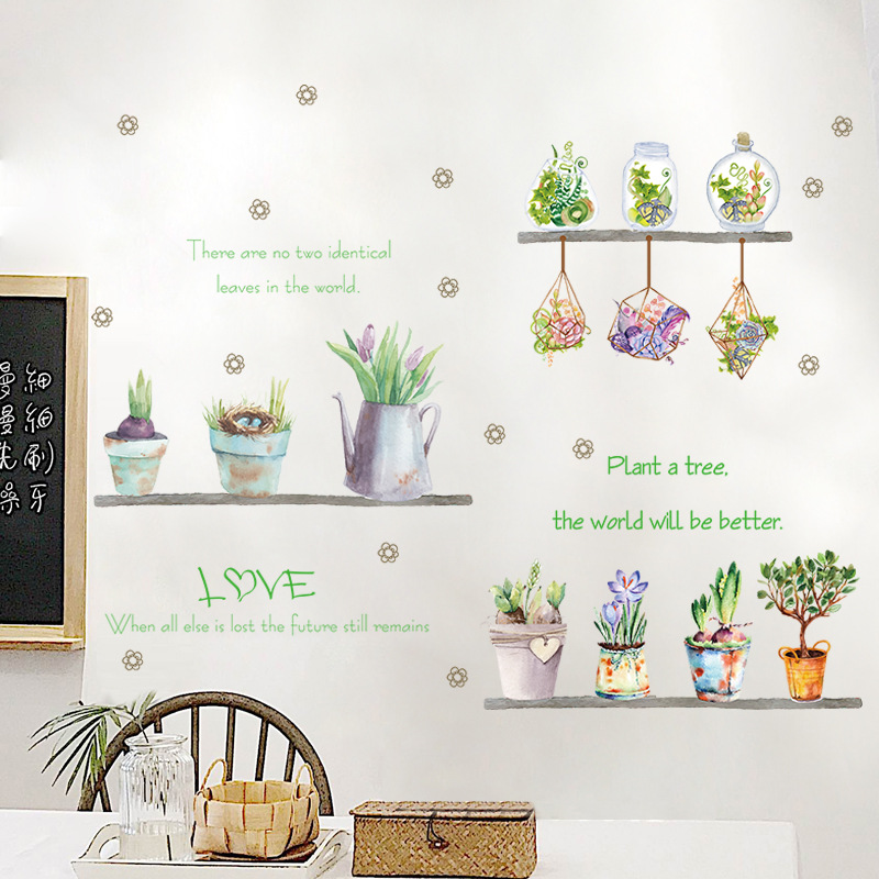 Decal dán tường trang trí xanh mát những chậu hoa nhỏ dễ thương