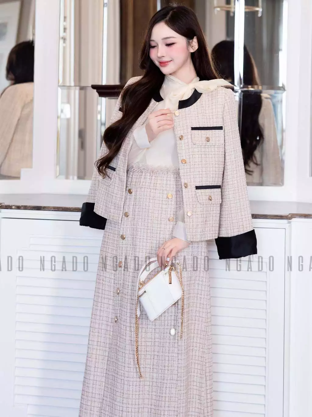 Set áo váy tweed kem NGADO , set áo kèm chân váy dáng dài
