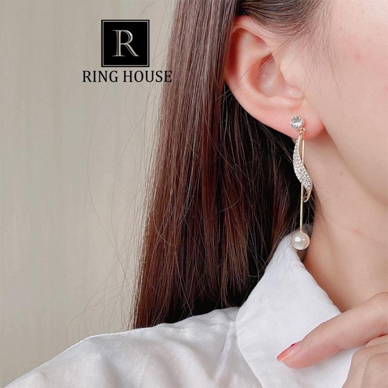 Bông Tai Khuyên Tai Nữ Dài Lá Uốn Đính Hạt Trai Sang Đẹp